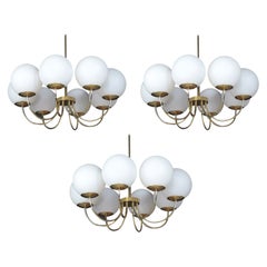 Vintage 1 of 3 Elegant Chandeliers with Brass Fixture and Opaline Glass Globes, 1960s