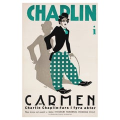 Affiche originale du film Linocut de Chaplin « Burlesque on Carmen » (Burlesque sur Carmen), Suède, 1920