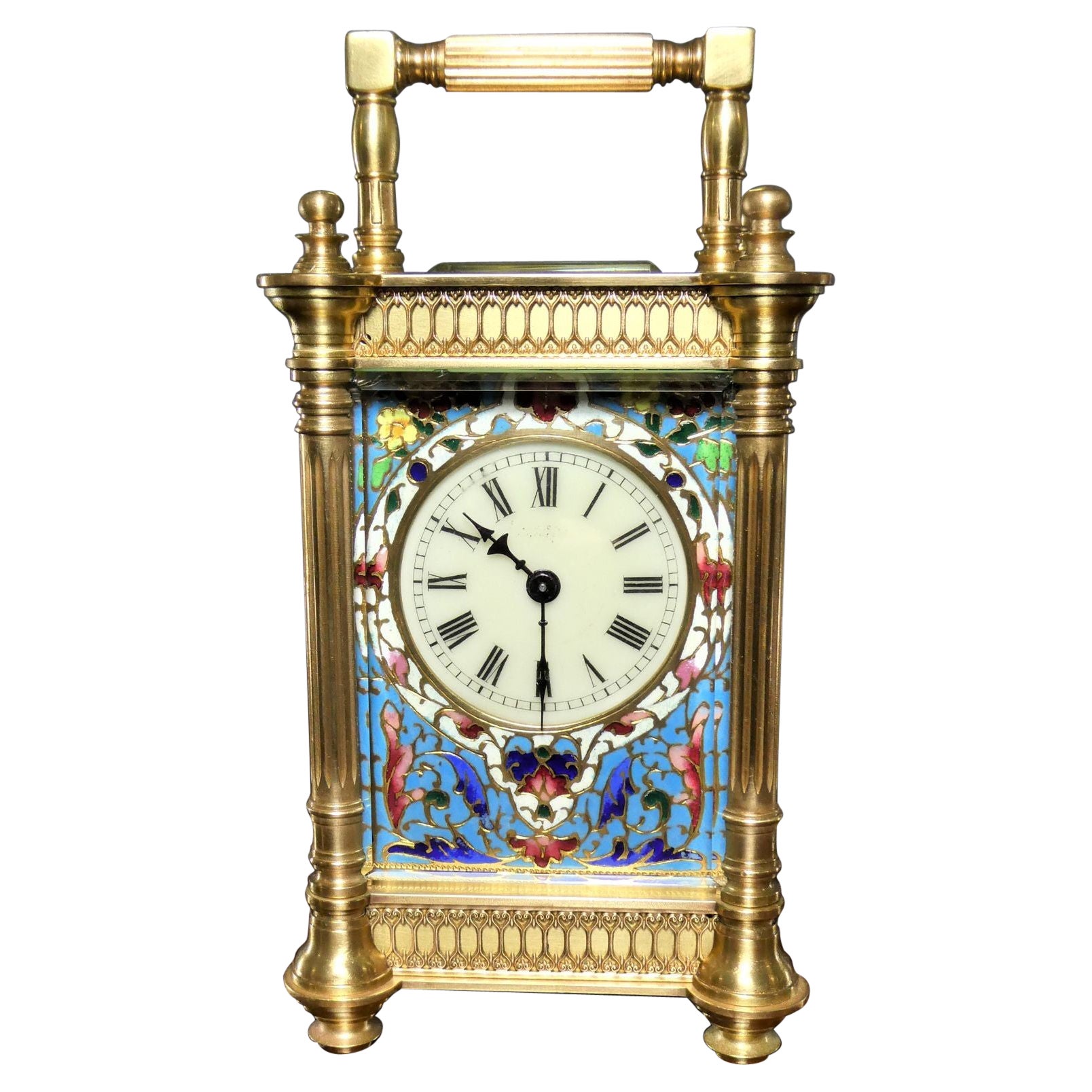 French Carraige Clock with Champleve Decoration For Sale