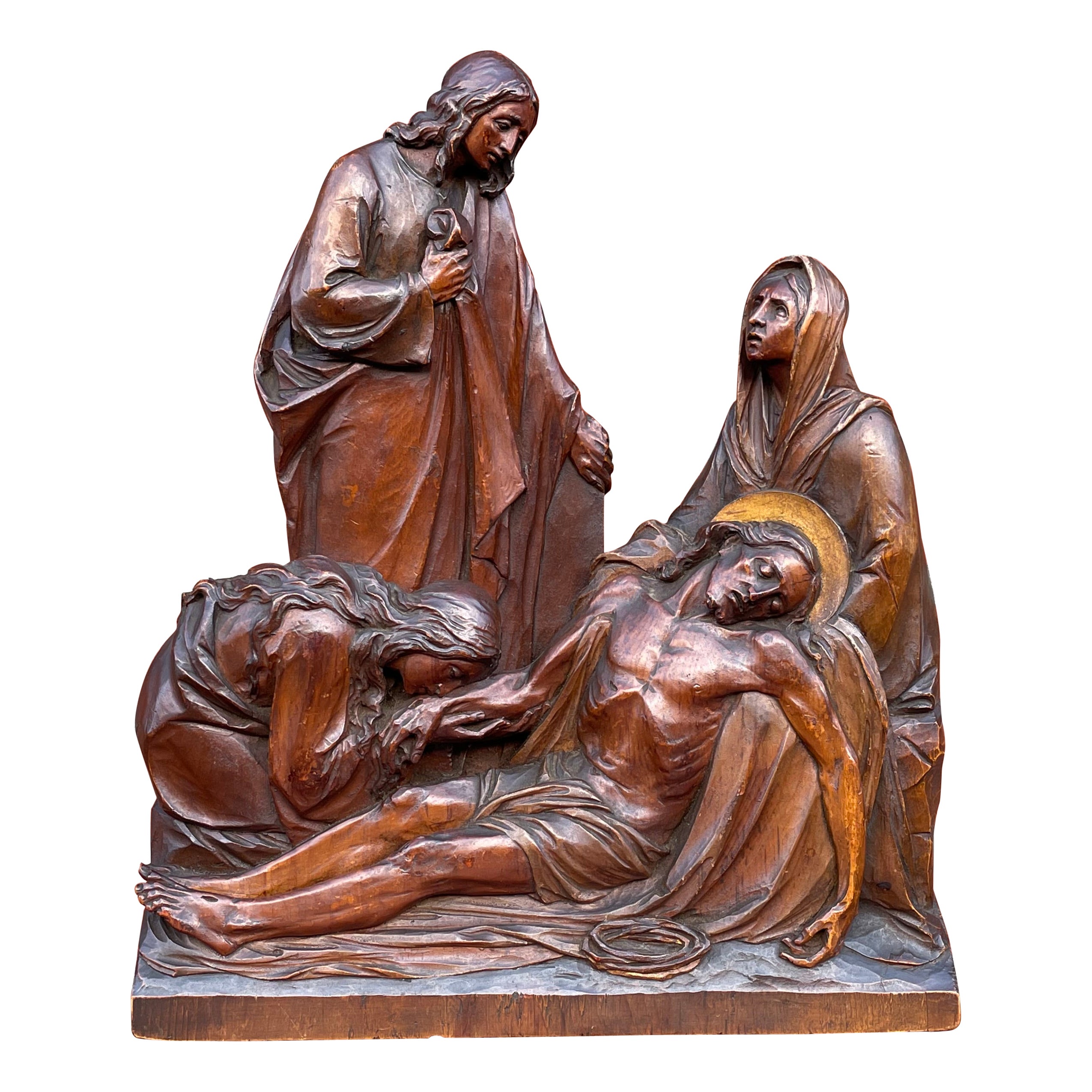 Außergewöhnliche antike handgeschnitzte Kirchenskulptur der Pieta mit Christus und Maria