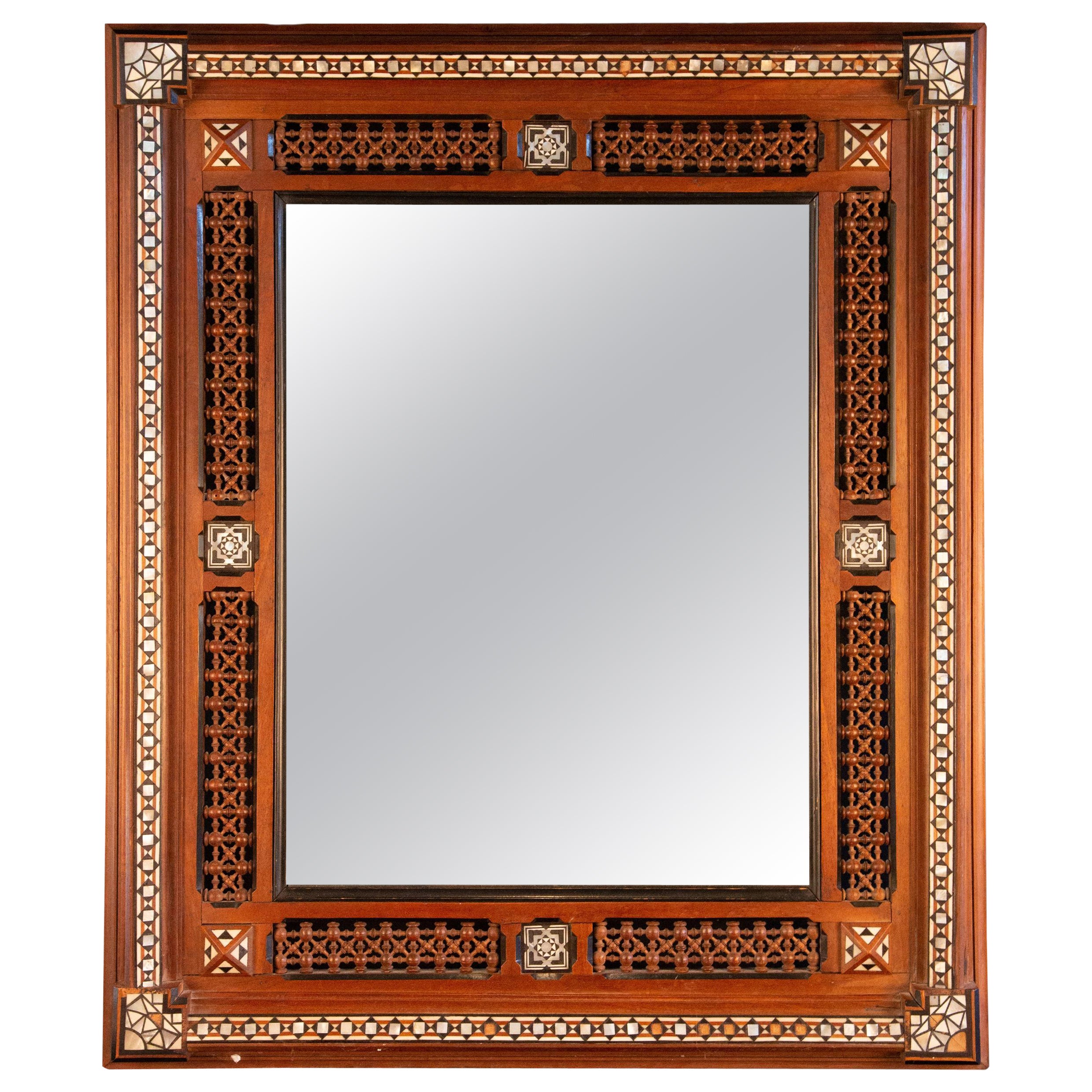 Early 20th Century Damascus Inlaid Bone and Wood Wall Mirror For Sale
