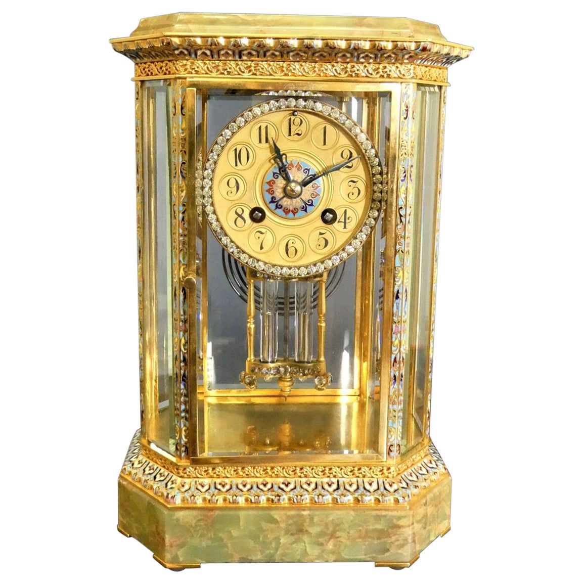 French Onyx and Champleve Four Glass Mantel Clock For Sale