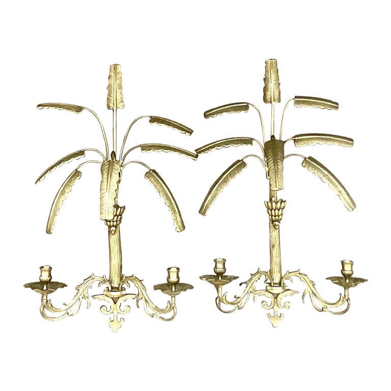 Vintage Coastal Brass Palm Tree Wall Candelabras, Pair For Sale at 1stDibs