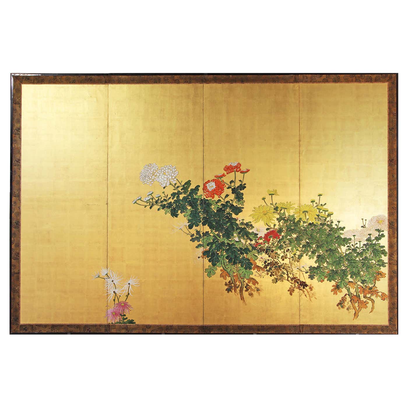 Japanese Screen, Four Panels Japanese Screen on Spring Gold Leaf at 1stDibs