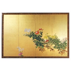 Japanese Screen, Four Panels Japanese Screen on Spring Gold Leaf