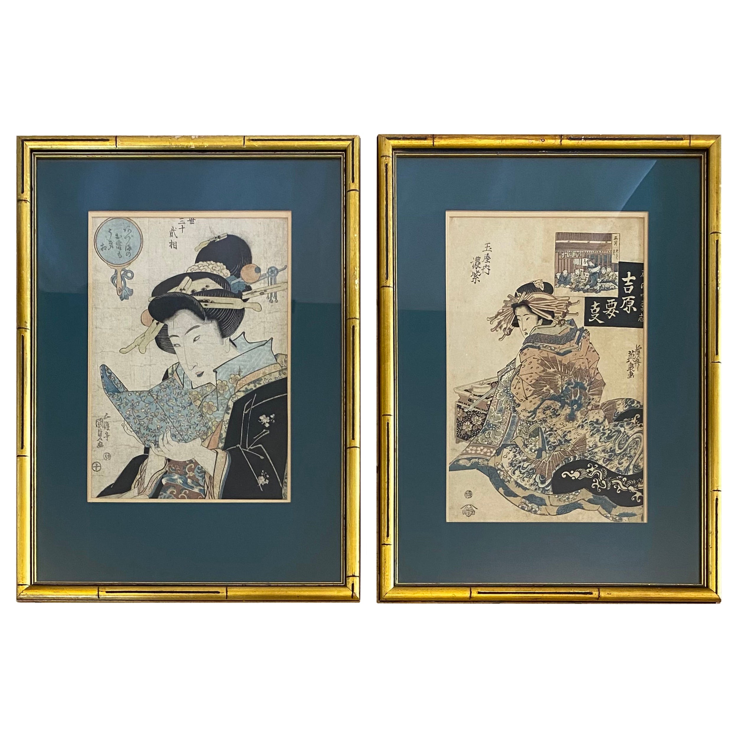 Pair of 19th Century Antique Japanese Woodblocks Prints Attrib. to Keisai Eisen For Sale