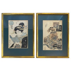 Pair of 19th Century Antique Japanese Woodblocks Prints Attrib. to Keisai Eisen