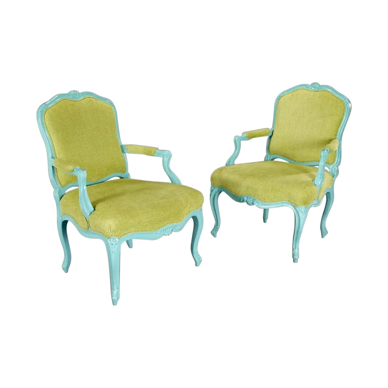 Pair Louis XIV Style Turquoise Painted Armchairs For Sale