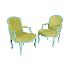 Vintage Pair Louis XIV Style Turquoise Painted Armchairs