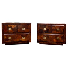 American of Martinsville Modern Campaign Style Burlwood Side Tables /Chests, 2