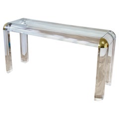 Vintage Karl Springer Style Large Lucite Brass and Glass Console / Sofa Table, 1980s