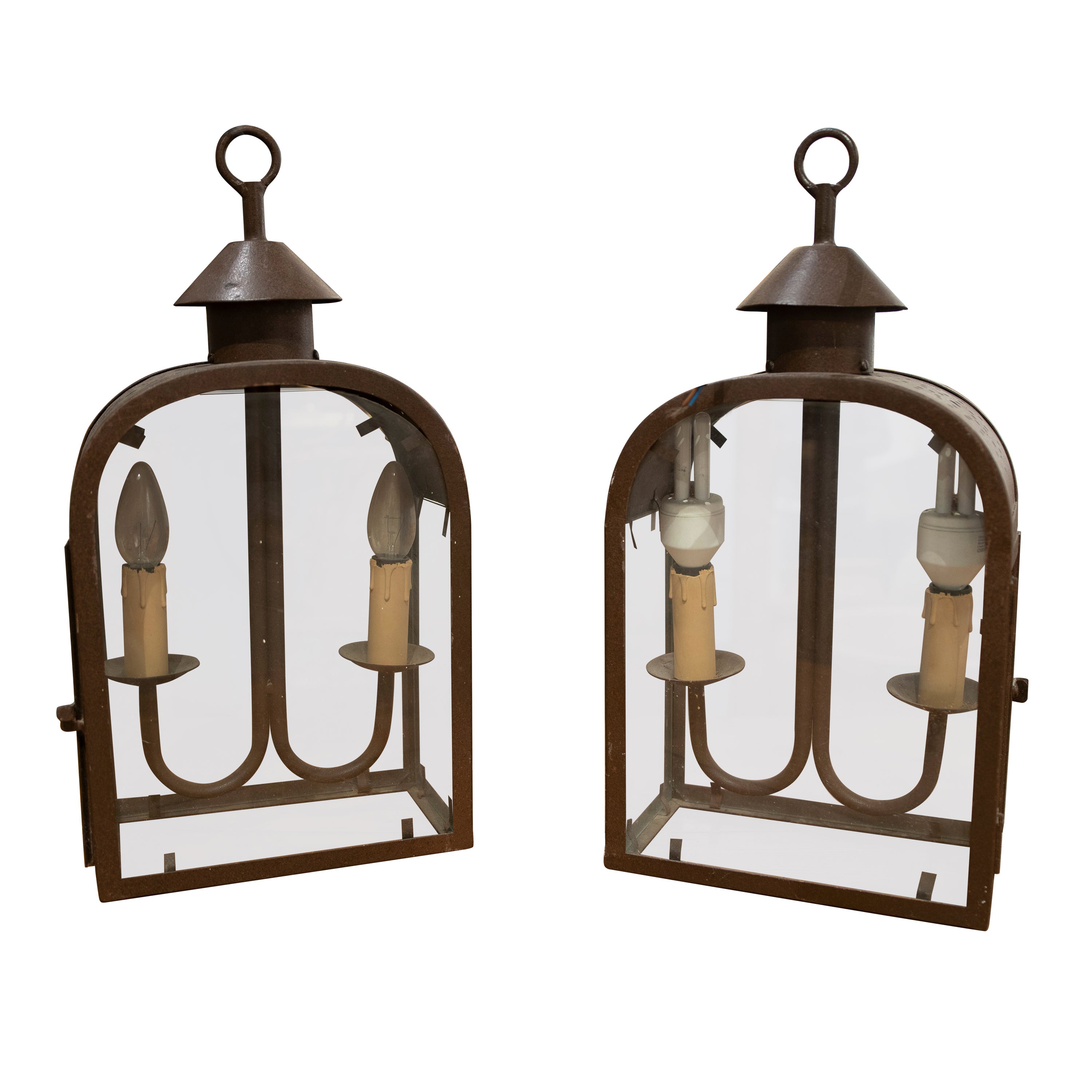 Pair of Iron Lanterns with Rust Brown Finish Crystals For Sale