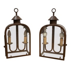 Retro Pair of Iron Lanterns with Rust Brown Finish Crystals