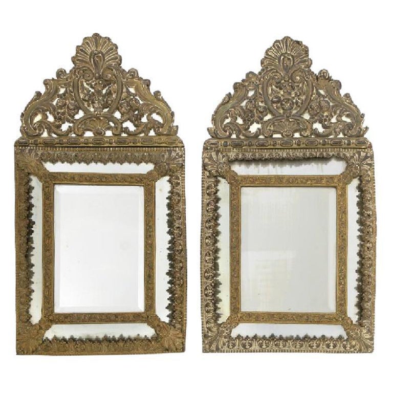 Decorative Pair of Gilded Antique Flemish Mirrors, Europe 19th Century For Sale
