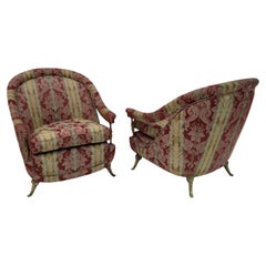 Pair of Neoclassical Style Italian Brass and Fabric Armchairs, 1950s