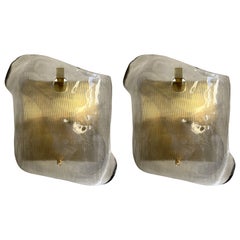 Large Pair of Contemporary Brass Sconces Gray Silver Leaf Murano Glass, Italy