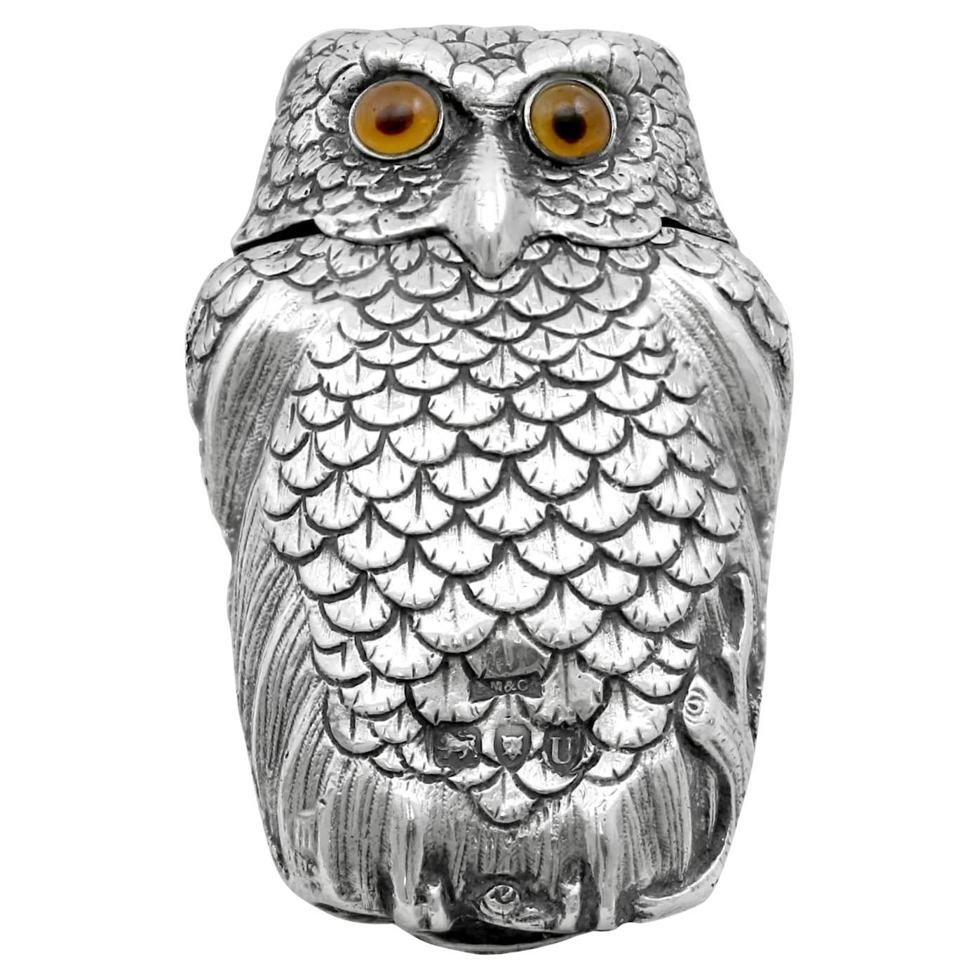 Antique Victorian Sterling Silver Owl Vesta Case For Sale