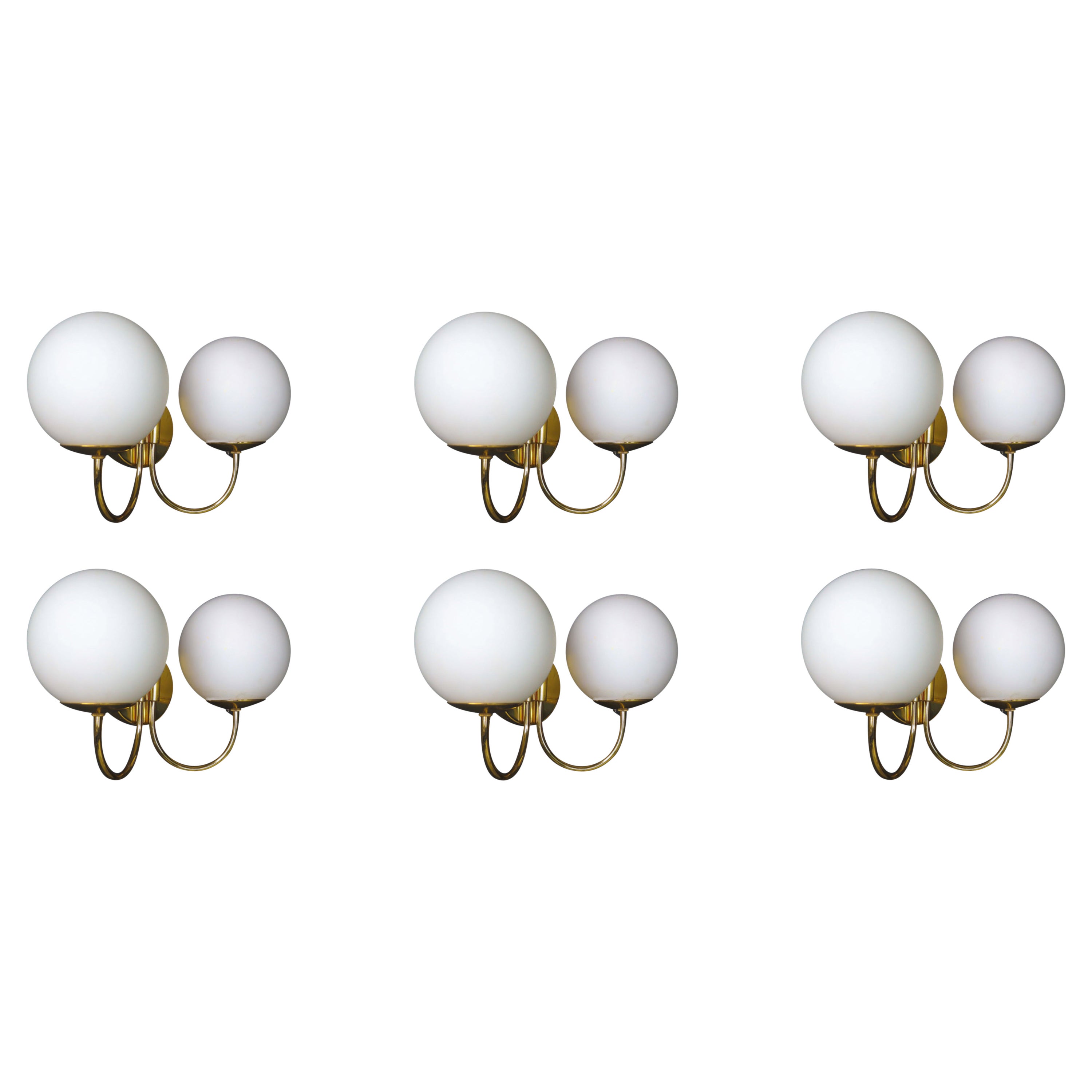 Elegant Sconces with Brass Fixtures and Opaline Glass Globes, Italy, 1960s For Sale