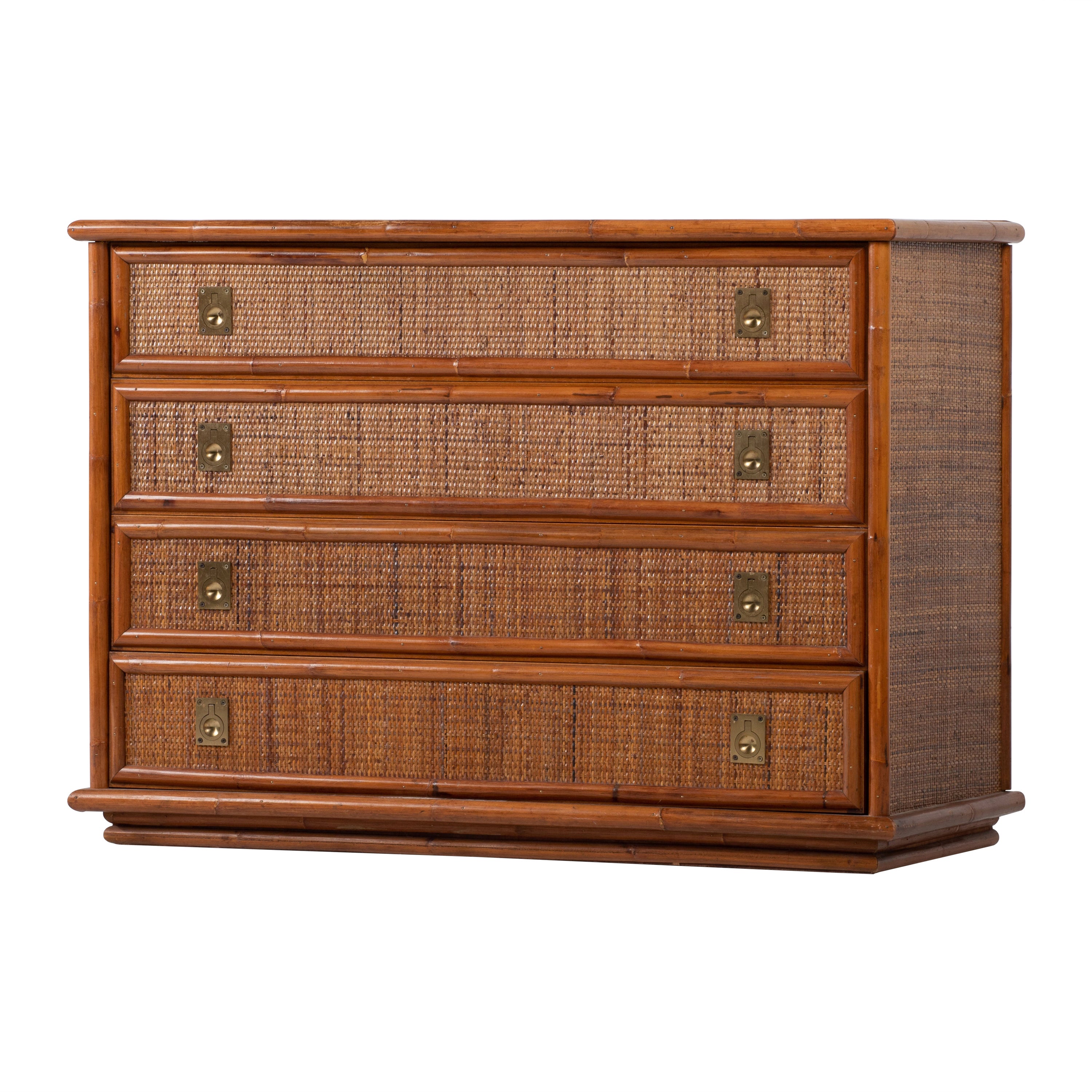 Bamboo/Rattan and Brass Chest of Drawers by Dal Vera, Italy, 1970s
