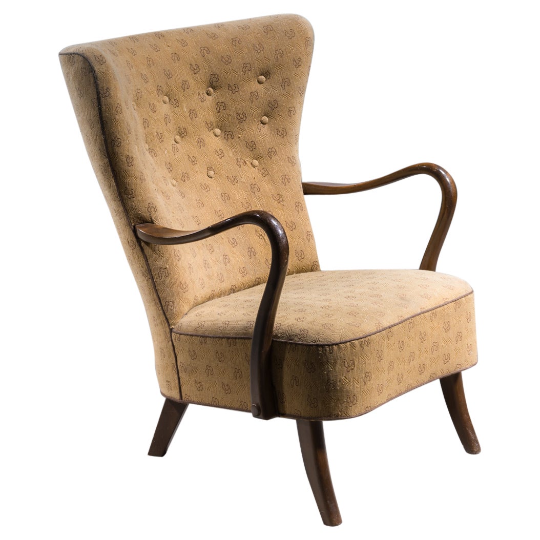 Alfred Christensen Lounge Chair with Yellow Upholstery, Denmark, 1940s For Sale