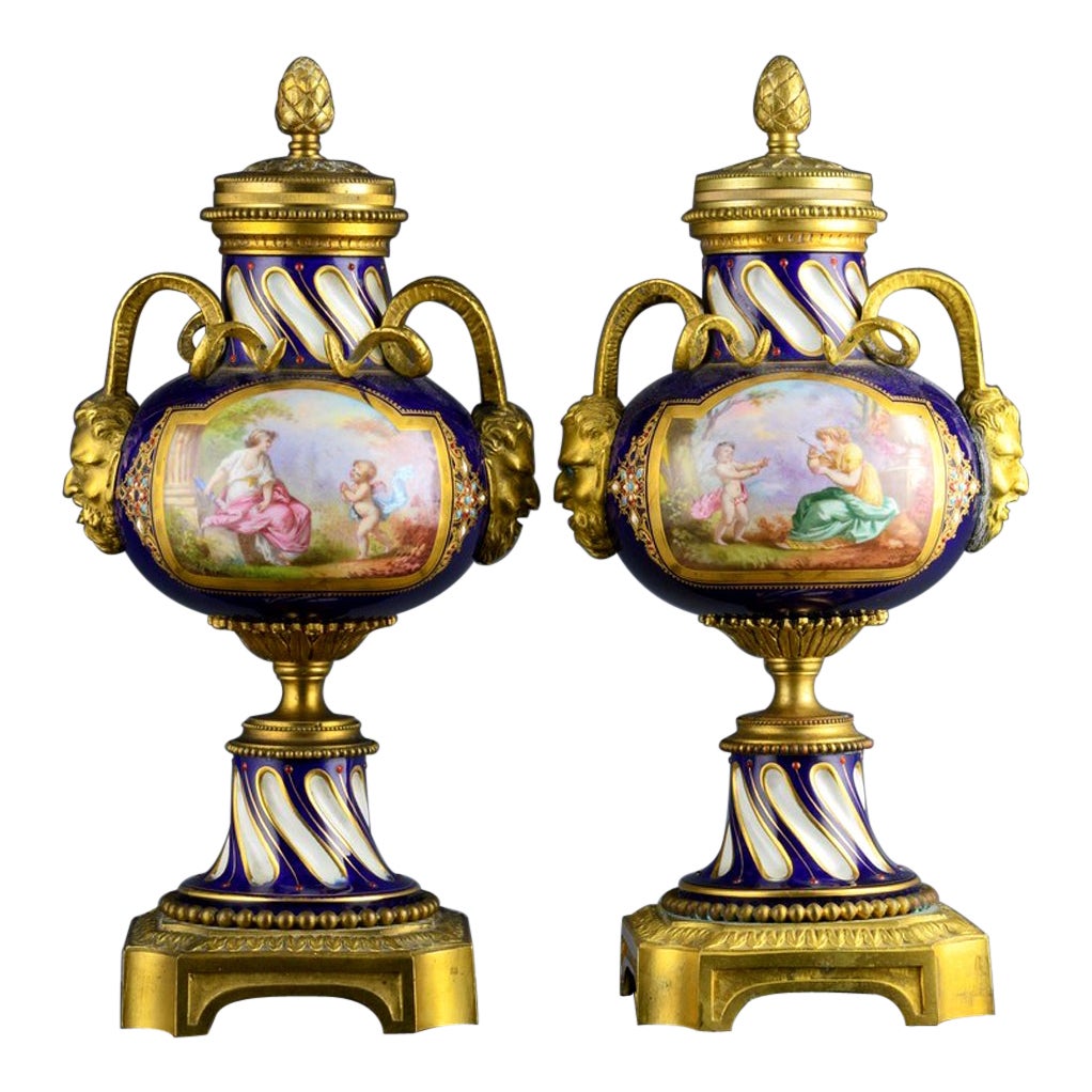 French Serves-Style Porcelain & Gilt Bronze Cassolettes Urns For Sale