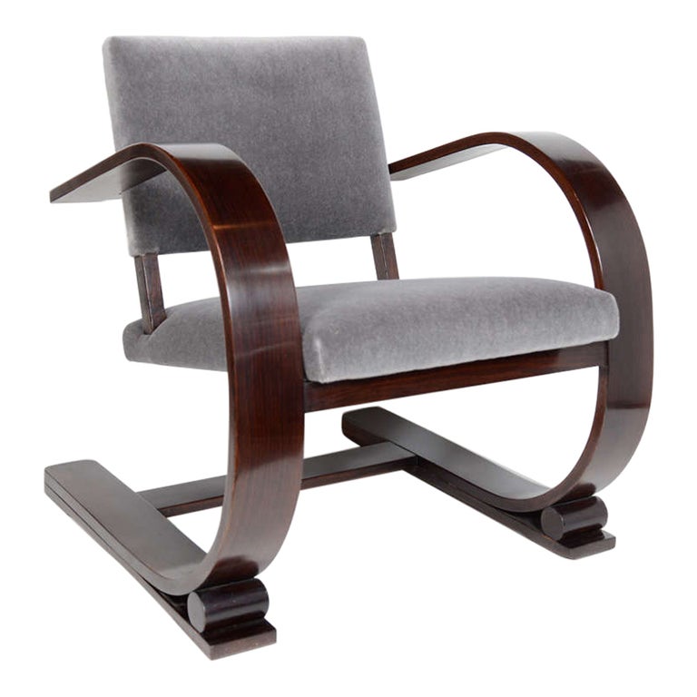 1940's Modernist Bentwood and Mohair Lounge Chair by Audoux Minet For Sale