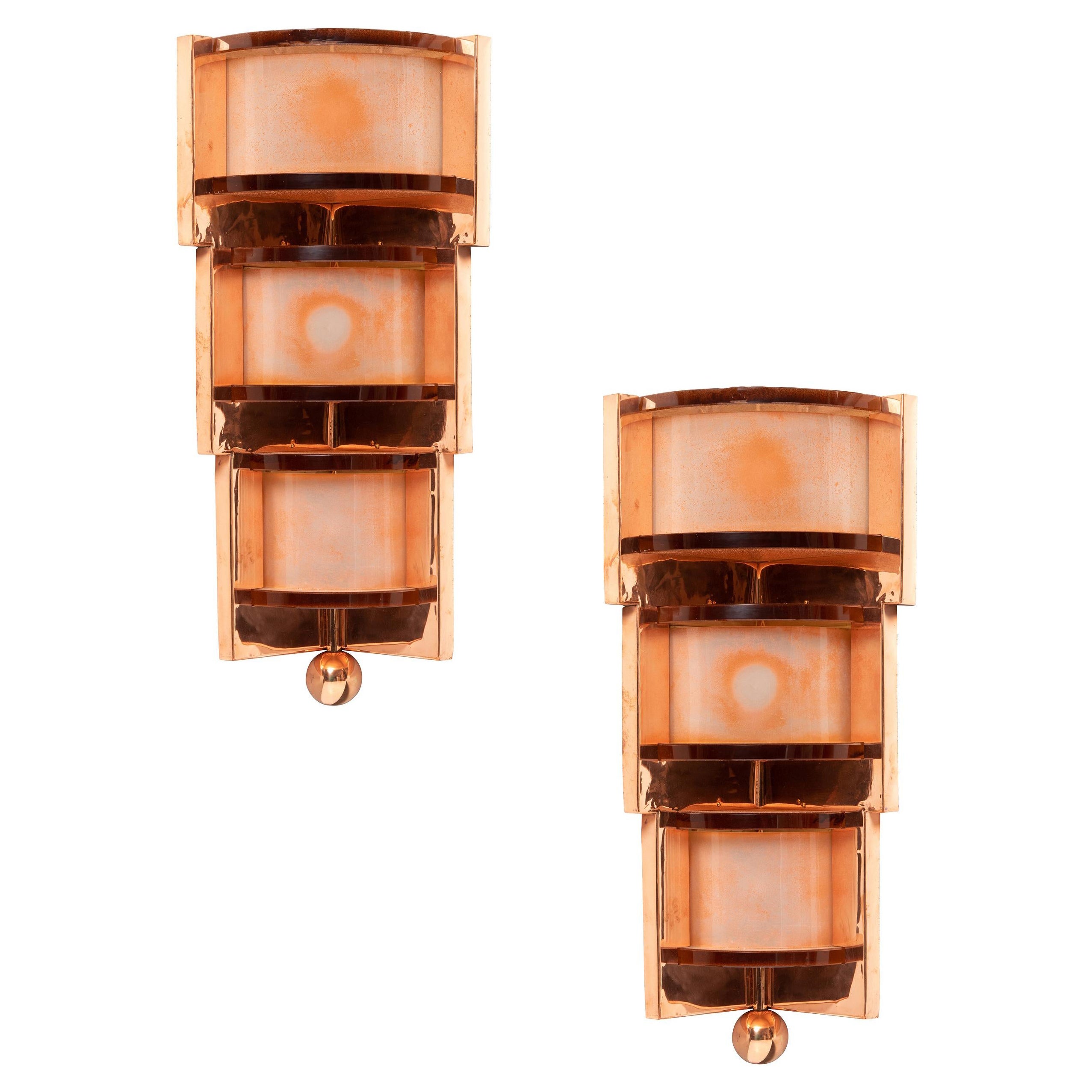 Pair of Art Deco Corner Sconces, Polished Copper, Sandblasted Glass