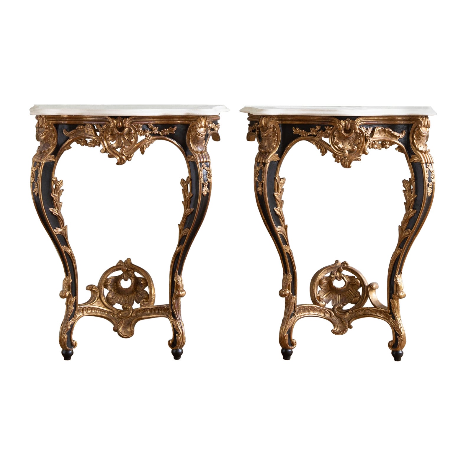 Pair of Hand Carved Louis XV French Style Gilt Wood Consoles For Sale