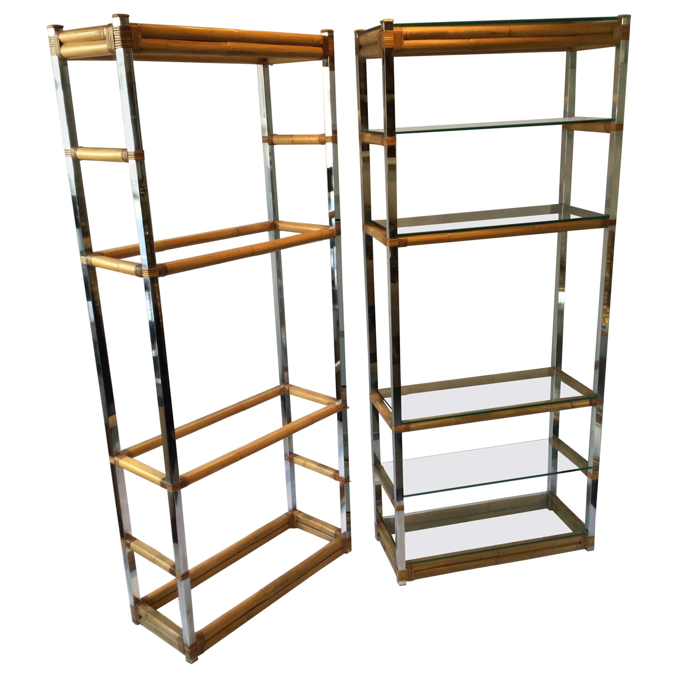 Pair Of 7’ High 1970s Chrome Glass And Bamboo Etageres