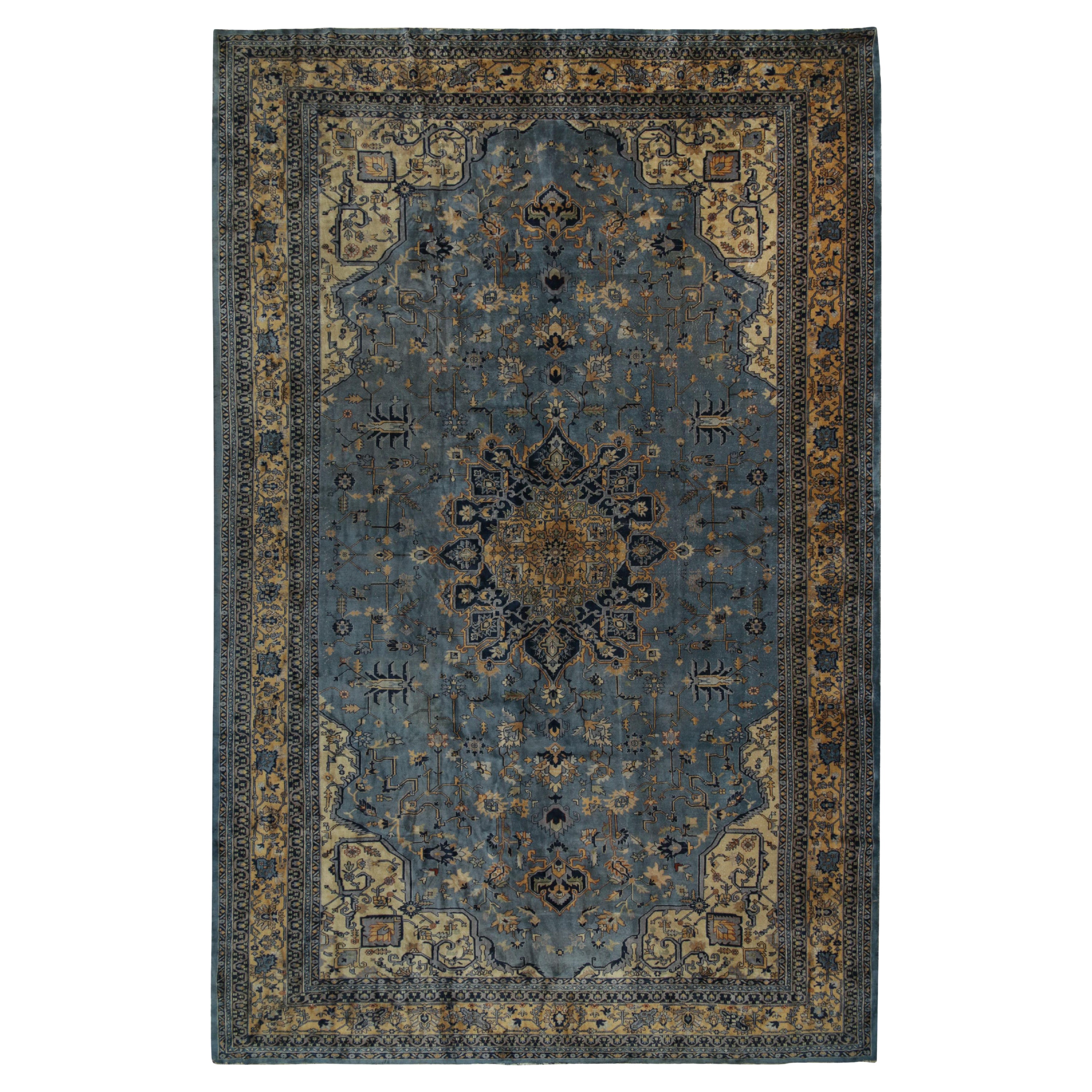 Antique Indochinese Samarkand rug in Blue with Gold Medallion - by Rug & Kilim For Sale
