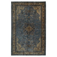 Antique Indochinese Samarkand rug in Blue with Gold Medallion - by Rug & Kilim