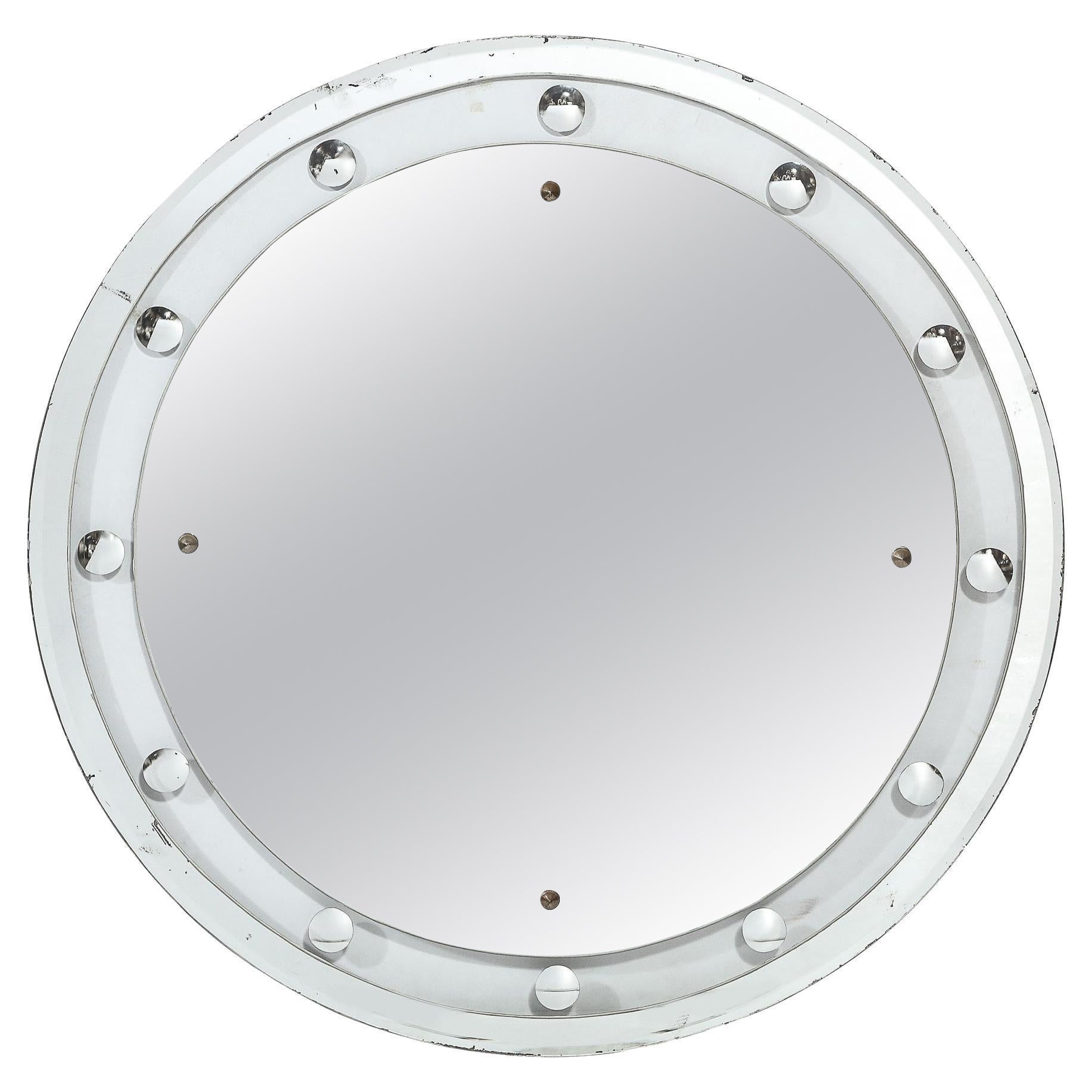 Art Deco Machine Age Floating Edge Round Banded Mirror W/ Reverse Bevel Details  For Sale