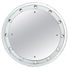 Art Deco Machine Age Floating Edge Round Banded Mirror W / Reverse Facette Details 