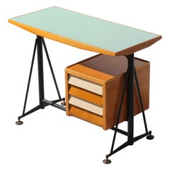 Little Desk Table of Italian Design from the 1950s, Beech Wood Black Iron Bras