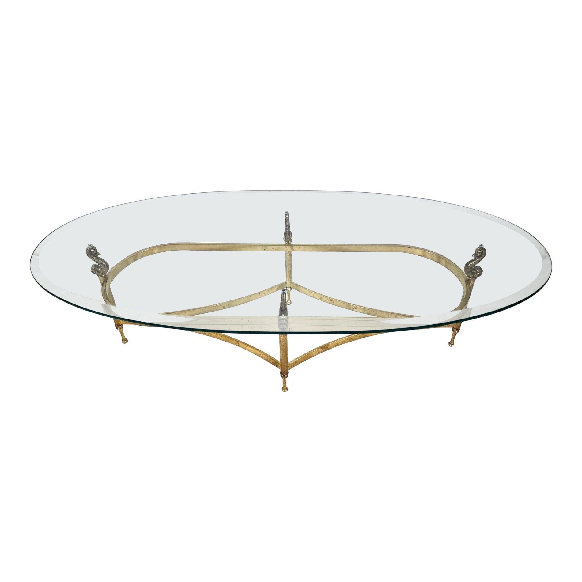 Italian Brass Coffee Table with Dolphins Supporting Glass Top For Sale
