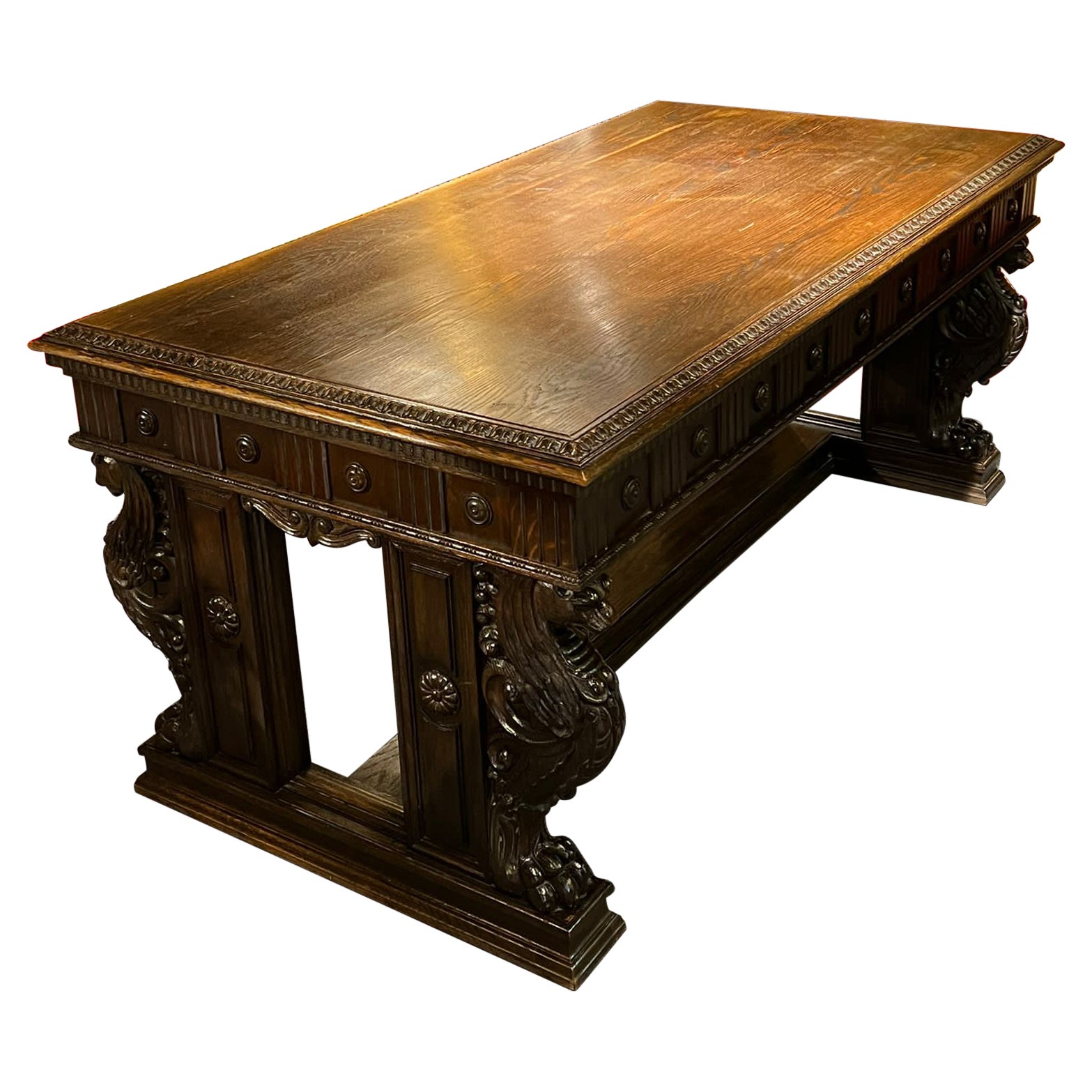 Imposing Antique Oakwood Desk Neo Renaissance with carved lions 19th century For Sale