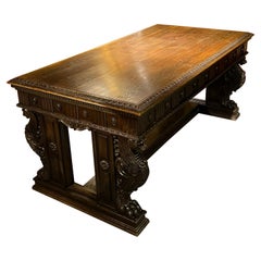 Imposing Antique Oakwood Desk Neo Renaissance with carved lions 19th century