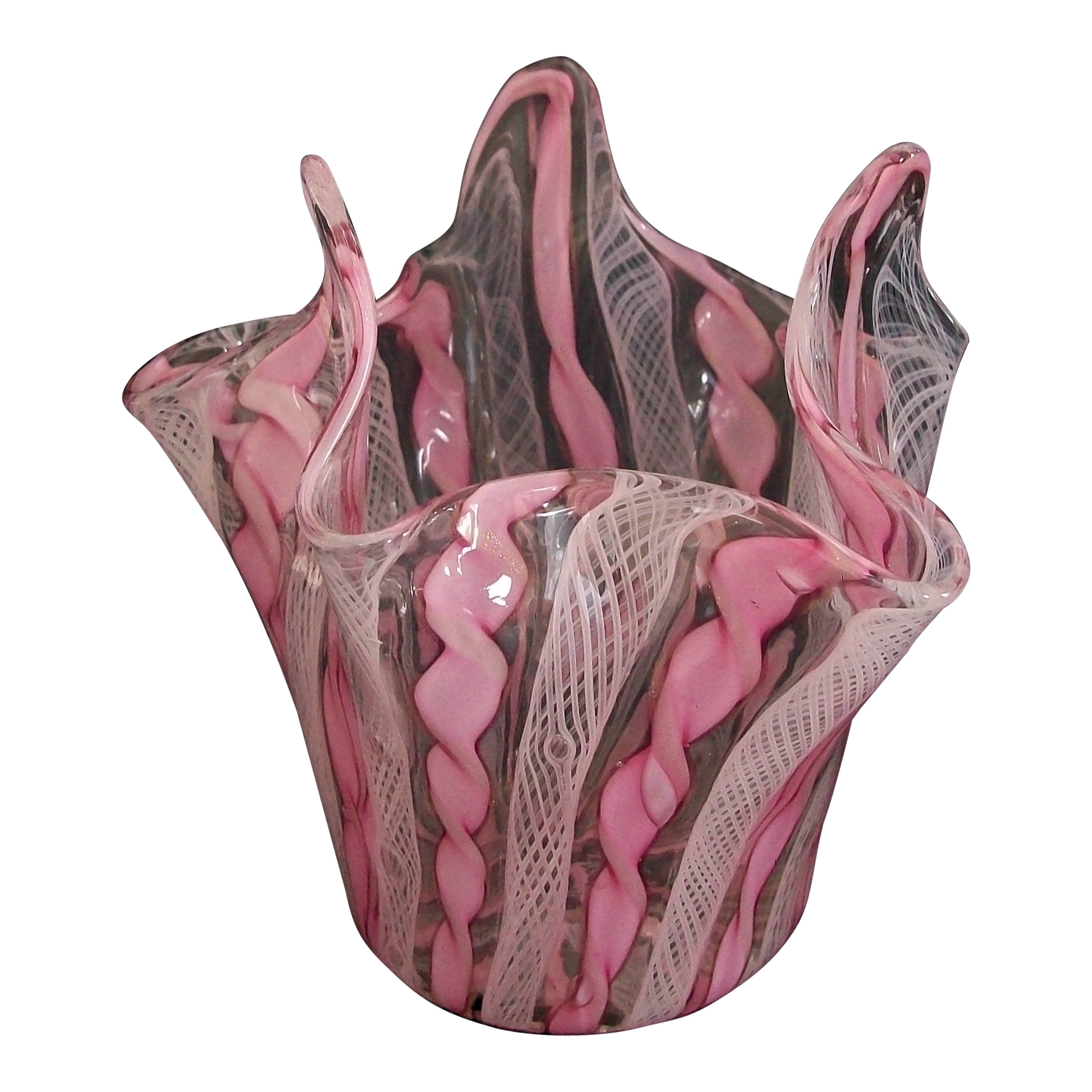 Venini, Mid-Century Latticino Handkerchief Vase, Unsigned, Italy, C.1950 For Sale