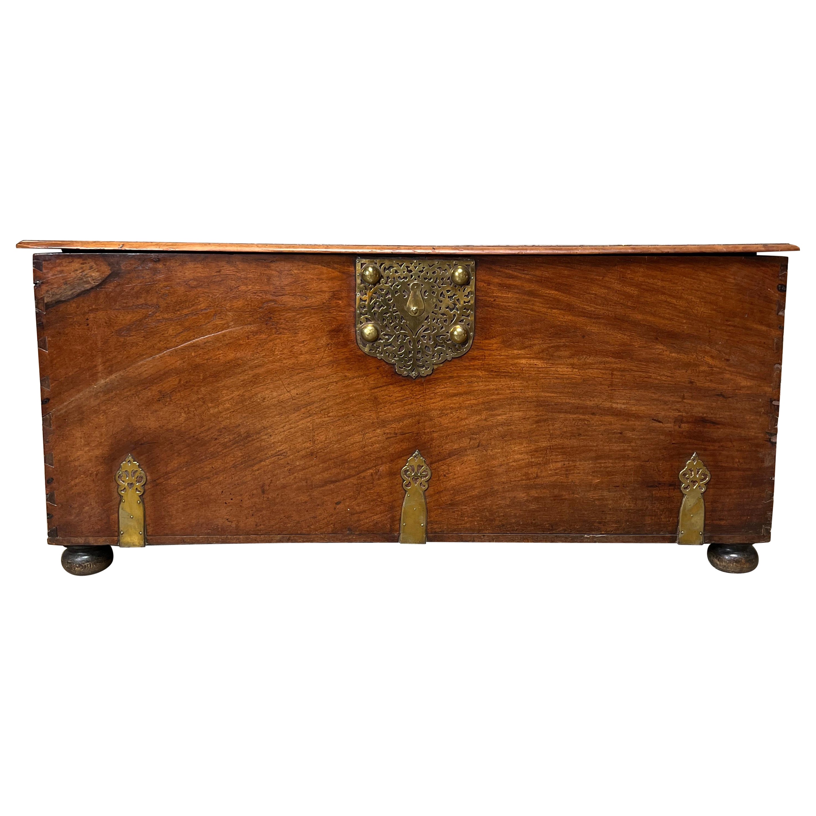 17th Century French Walnut Coffer with Brass Hardware For Sale