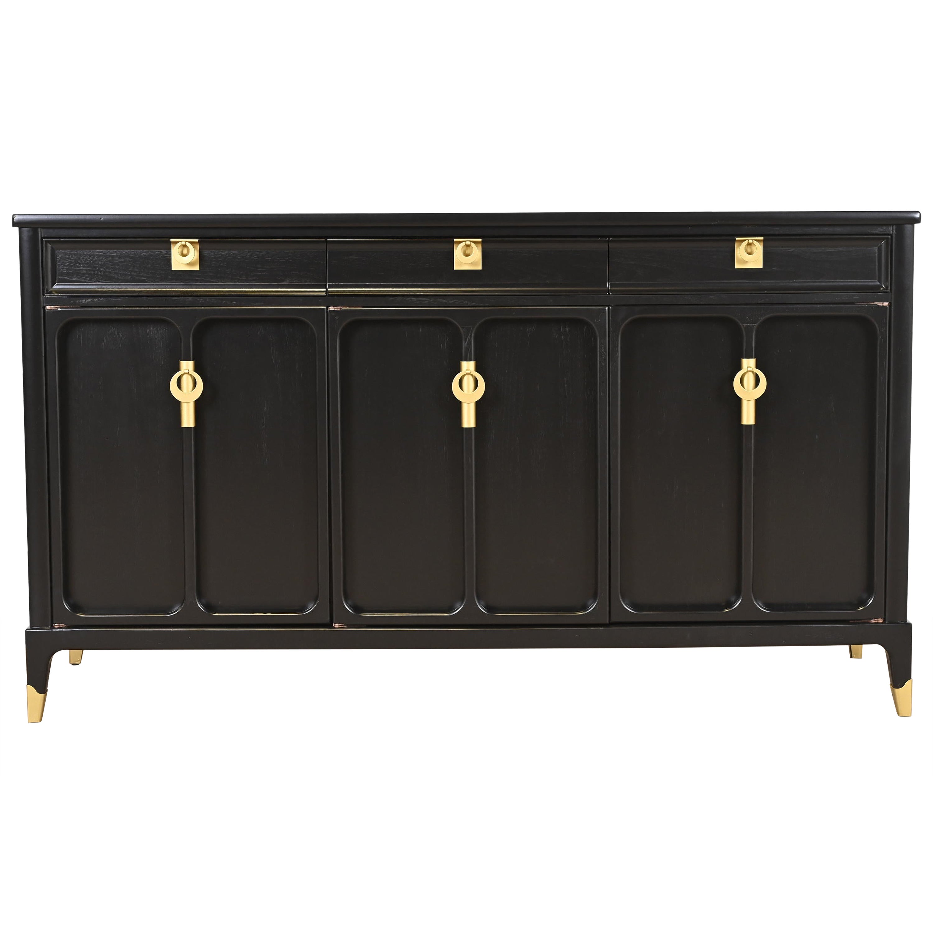 Mid-Century Hollywood Regency Black Lacquered Sideboard by White Furniture