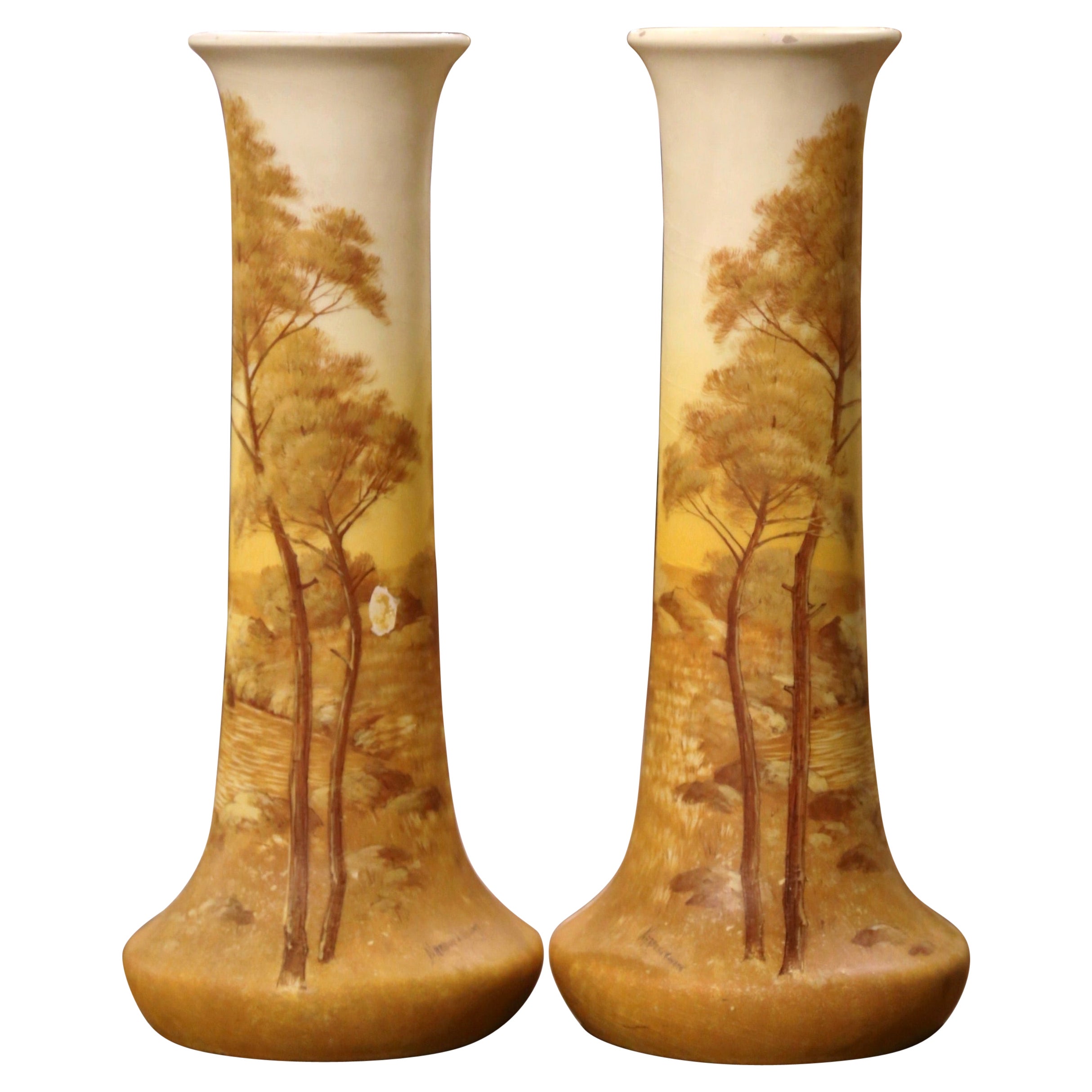 Pair of 19th Century French Painted Enameled Vases Signed Delphin Massier For Sale