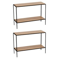 Pair of Chic Wrought Iron and Oak 'Rectiligne' End Tables by Design Frères