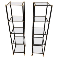 Pair of Shelves in Black Lacquered Metal, Brass, Glass and Bronze with Claw Feet