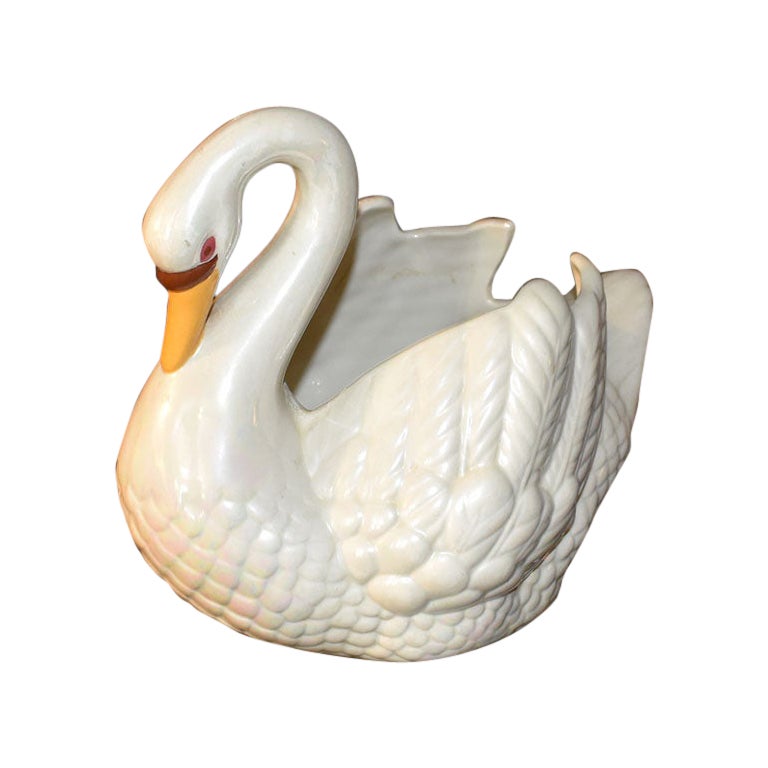 Painted Ceramic White Swan Planter - Signed 1969 For Sale