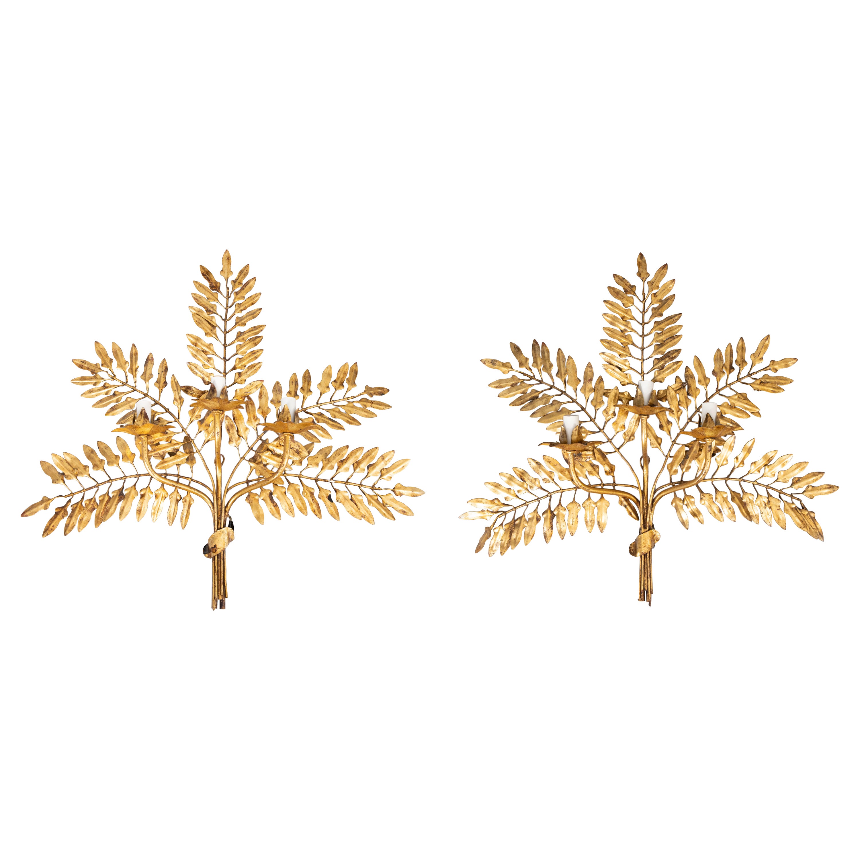 Pair of Mid-20th Century Vintage Italian Gilt Tole Leaf Light Sconces