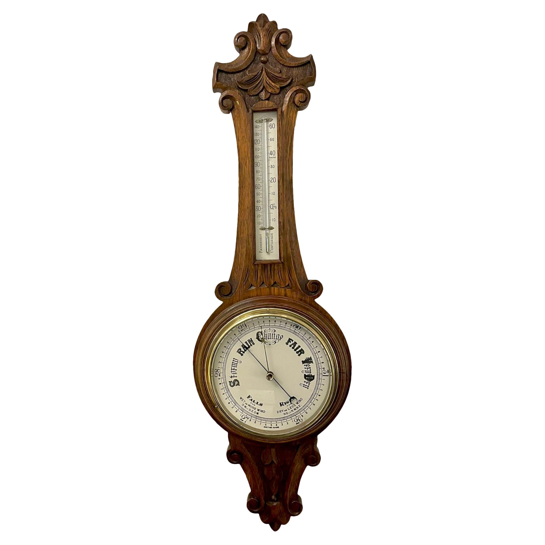 Antique Edwardian Quality Carved Oak Banjo Barometer For Sale