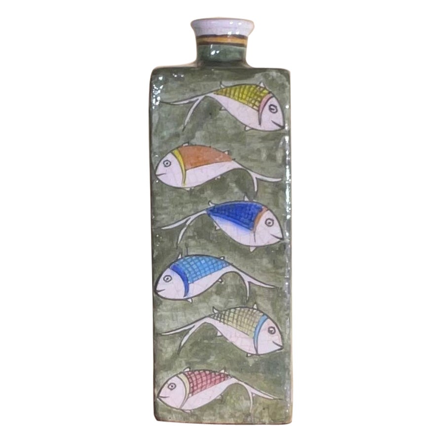 Vintage Hand Painted Square Ceramic Fish Vase For Sale