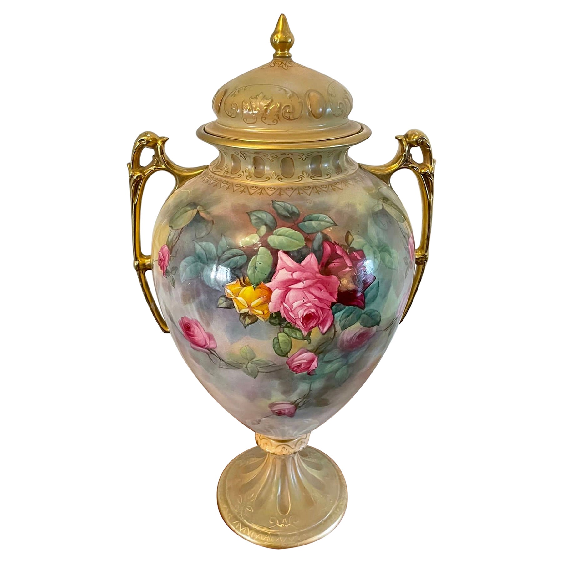 Large Antique Victorian Quality Royal Crown Devon Lidded Vase For Sale