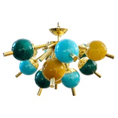 Custom Italian Green Turquoise Gold Murano Glass Brass Sputnik Globe Flushmount