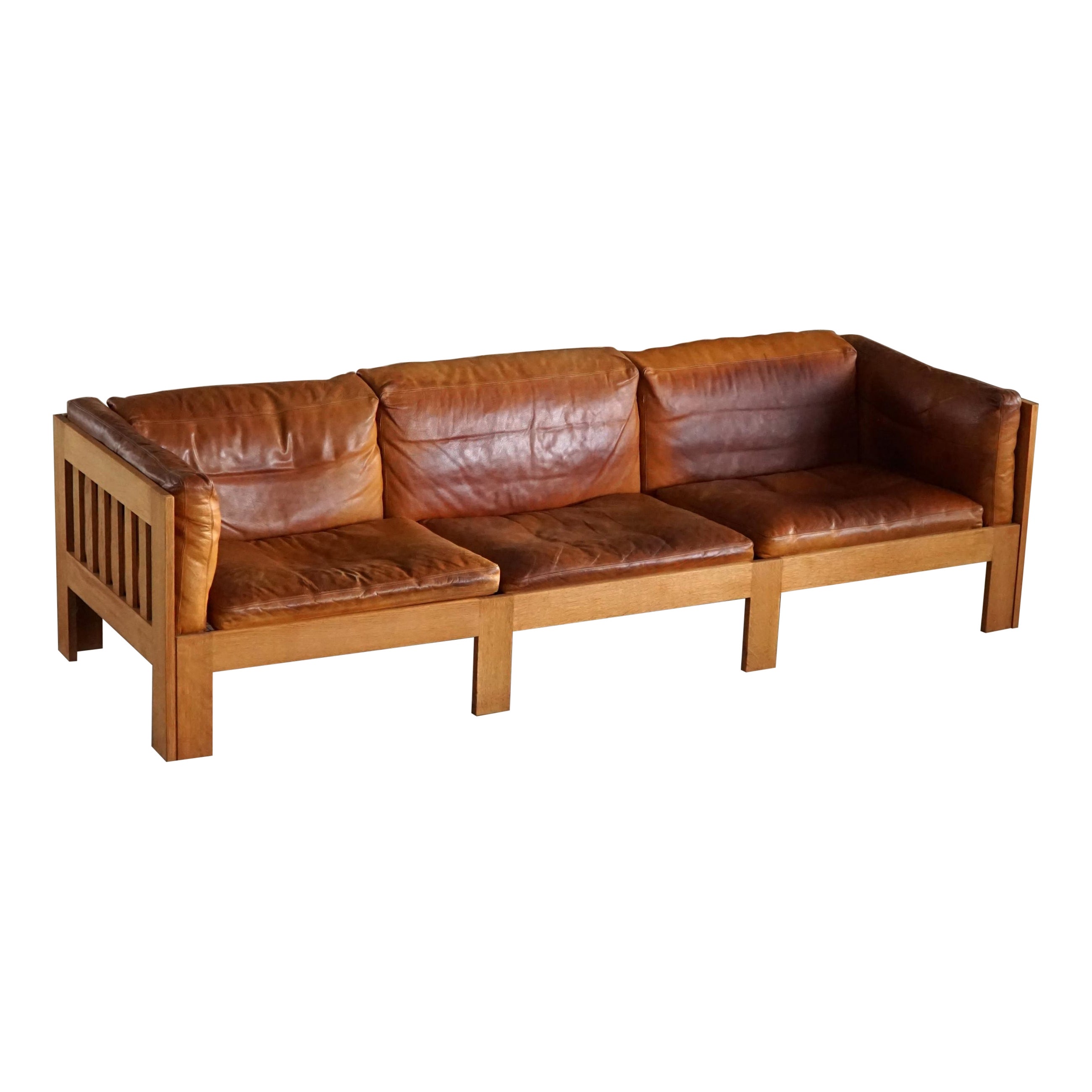 Danish Mid Century Sofa in Patinated Leather, Oak Frame, by Tage Poulsen, 1960s